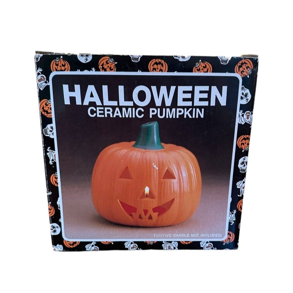 Vintage Ceramic Pumpkin Jack O Lantern Halloween Votive Candle Holder Light Up